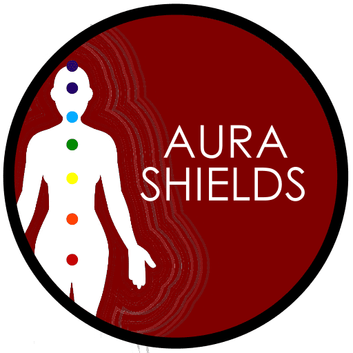 Red circle with white outline containing a white female figure with colored chakras and the text "Aura Shields".