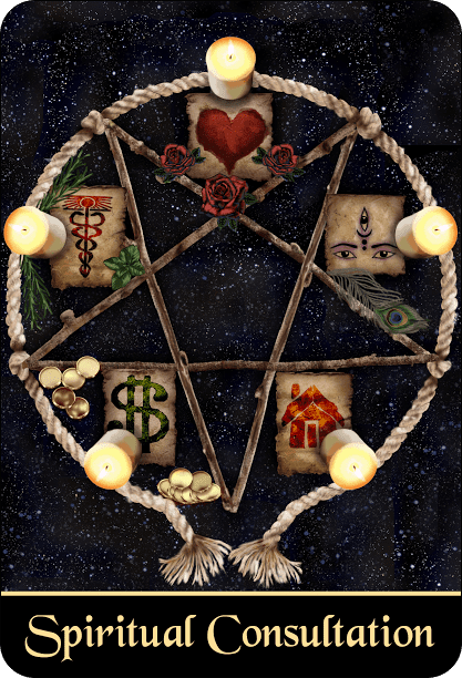 A pentacle with candles and symbols on a starry background.