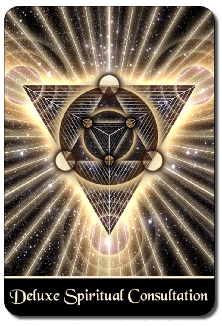 Tarot card with a geometric pattern and a radiant starburst background, labeled "deluxe spiritual consultation.