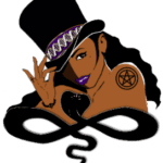 Black woman wearing top hat with snake coiled around her.