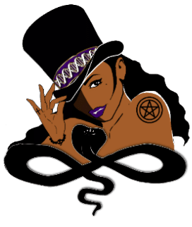 Black woman wearing top hat with snake coiled around her.