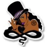 Illustration of a woman with brown skin wearing a top hat and grasping a snake, with a pentagram on her shoulder.