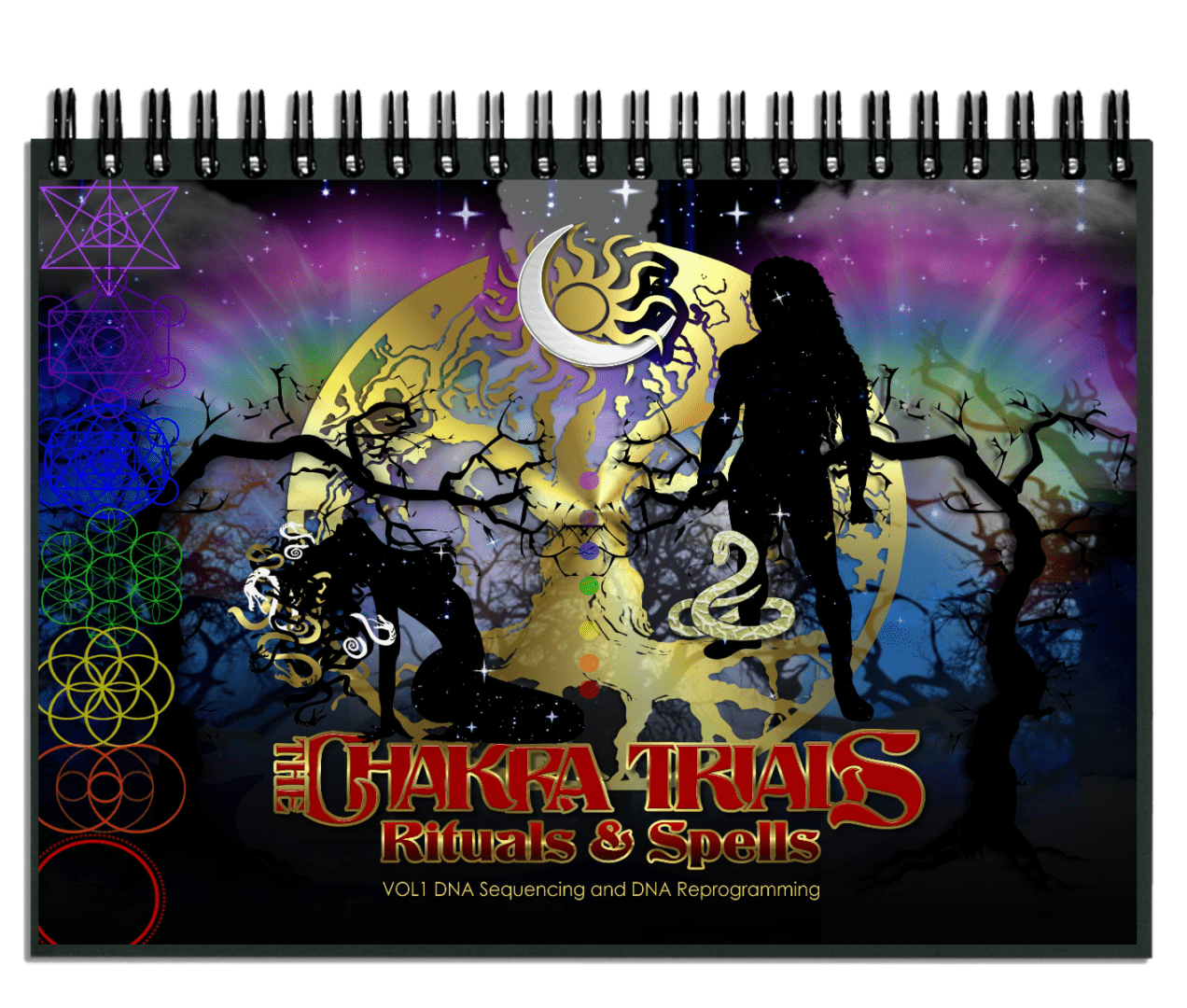 Illustration of a notebook cover featuring mystical symbols, silhouettes of a woman and a tree against a colorful cosmic background with the title "The Chakra Trials "Rituals & Spells" Vol1.