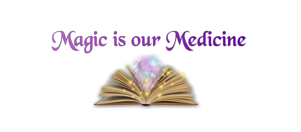 An open book with sparkling, colorful cosmic energy emanating from the pages, under the phrase "magic is our medicine" in purple script.