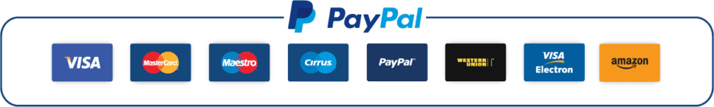 Image showing logos of various payment methods including visa, mastercard, maestro, cirrus, paypal, western union, visa electron, and amazon on a dark background.