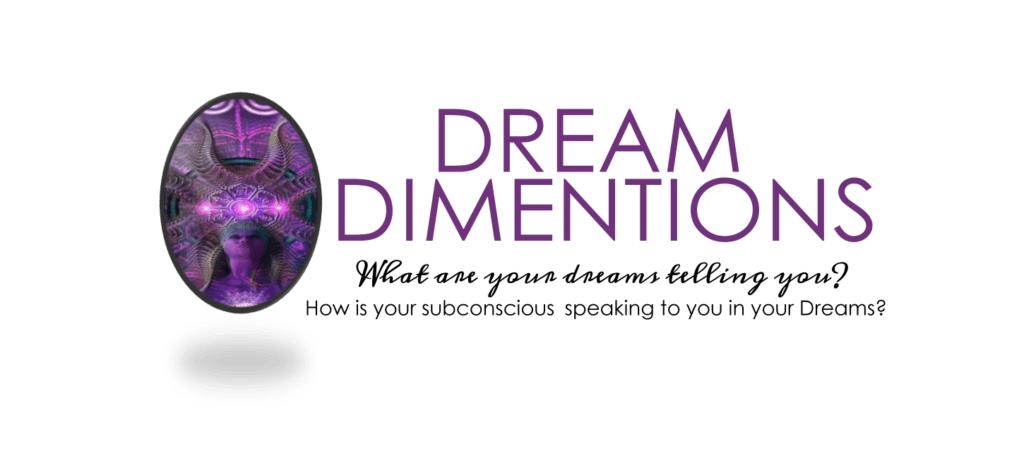 An illustration featuring a purple, decorative mask with glowing eyes alongside the text "dream dimentions" and questions about the meaning of dreams.