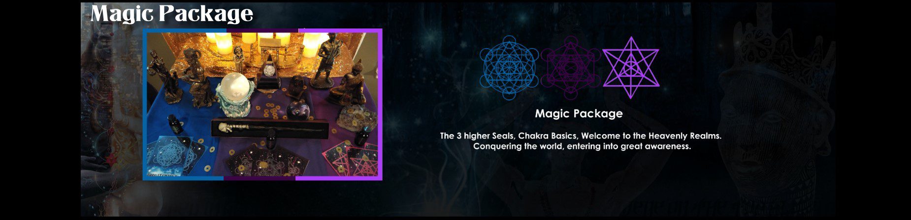 Promotional banner for "magic package" featuring mystical artifacts like crystals and candles, with text overlay and intricate geometric symbols on a dark background.