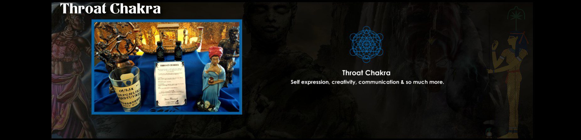 Graphical banner depicting various elements related to the throat chakra, including symbols, objects, and a blue graphic labeled "throat chakra" promoting self-expression and creativity.