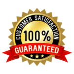 Gold and red "customer satisfaction 100% guaranteed" badge with a star design and a ribbon.