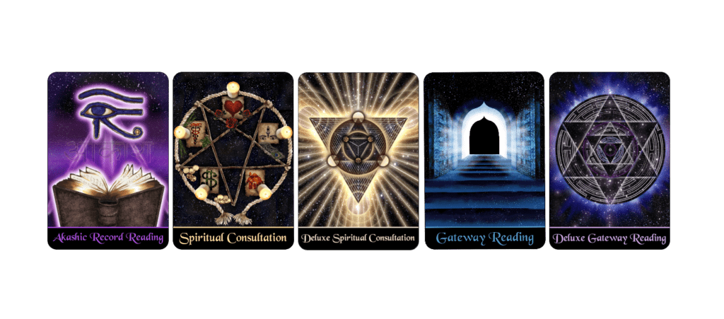 Five tarot cards displaying various mystical symbols, including an eye, heart tree, star, archway, and pentagram, each labeled with different types of spiritual consultations.