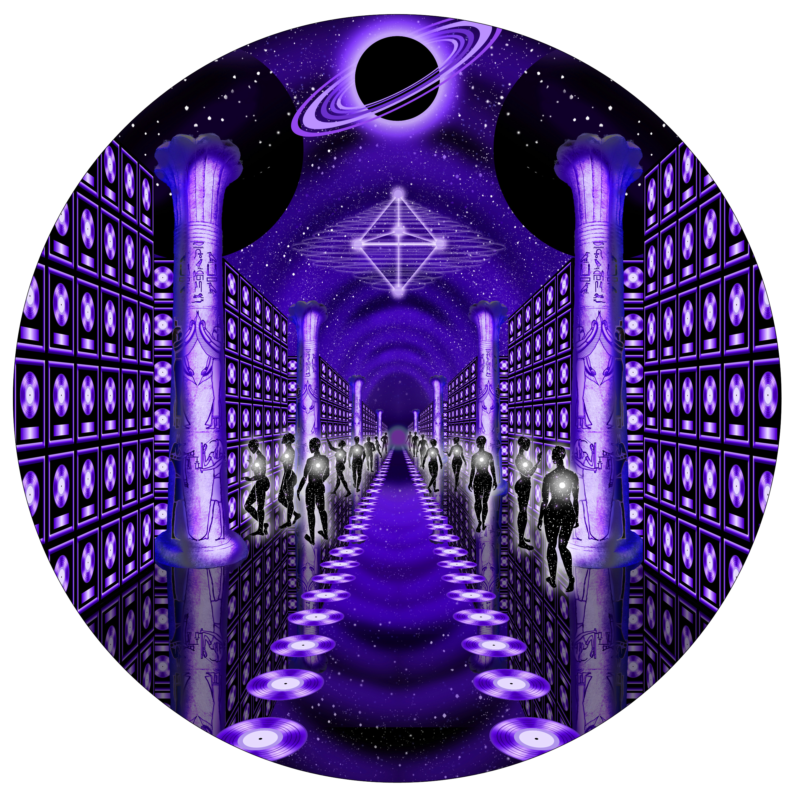 Purple digital art of a唱片架 lined with statues.