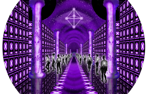 Purple digital realm with beings walking toward a glowing tetrahedron.