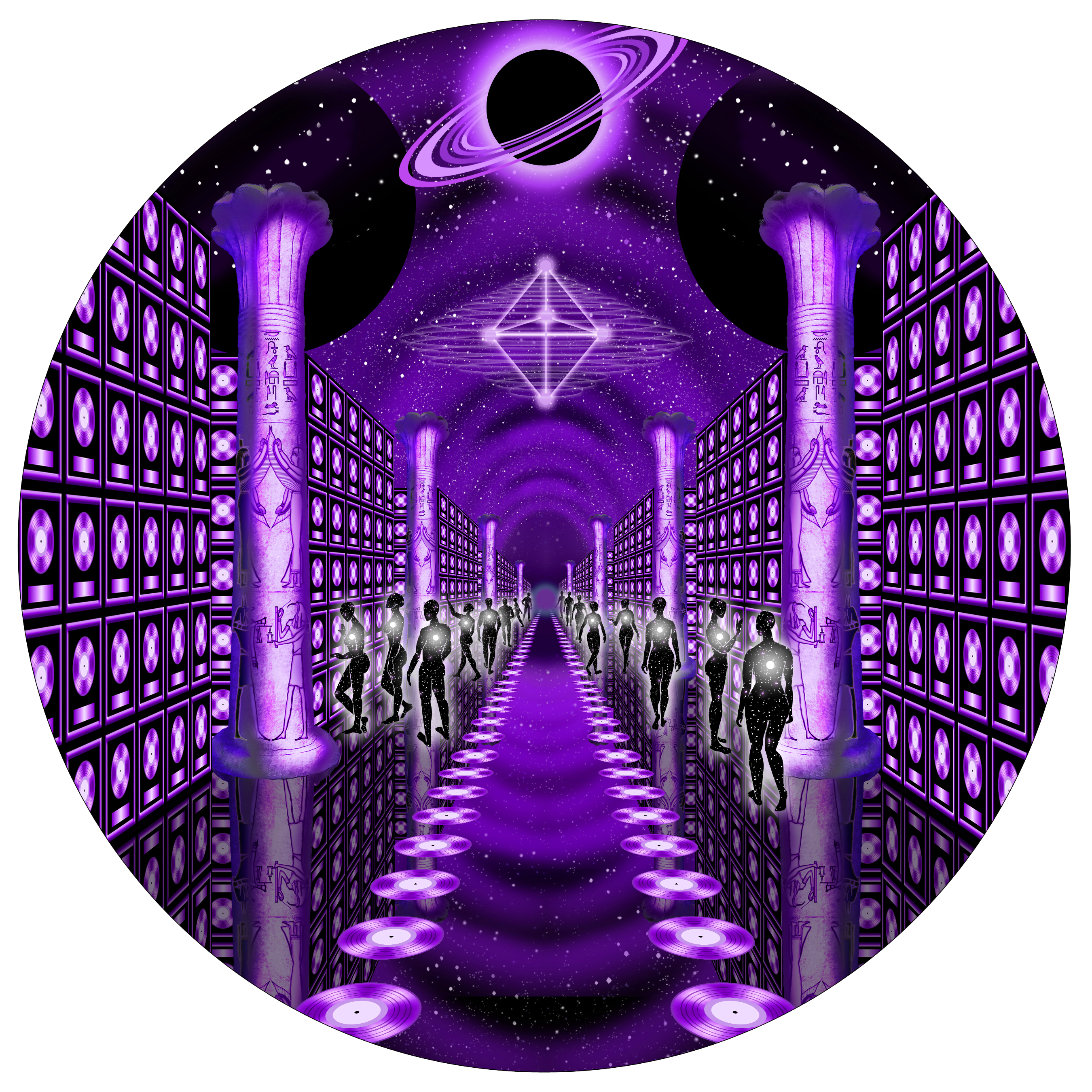 Purple digital realm with beings walking toward a glowing tetrahedron.