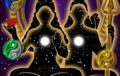 Silhouettes of two figures with glowing orbs.