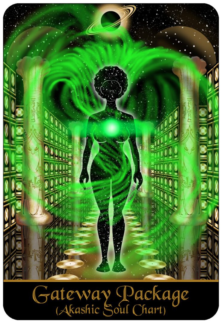 A woman silhouette stands in a green glowing gateway.