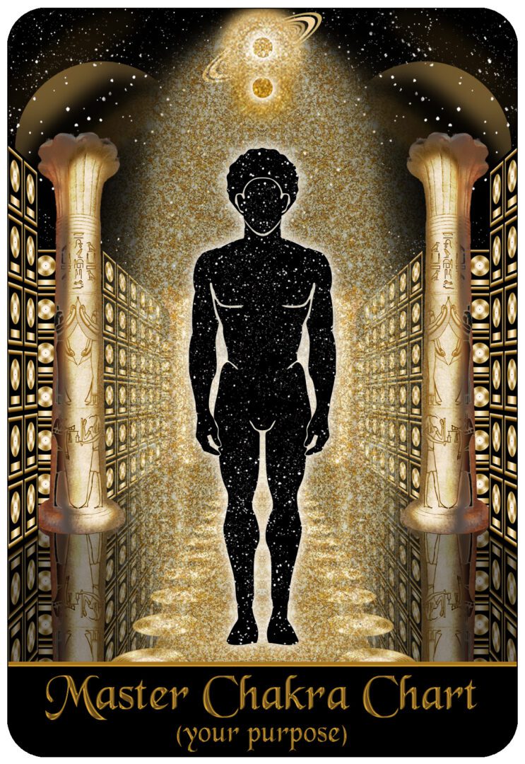 Black figure stands in golden ornate columns.